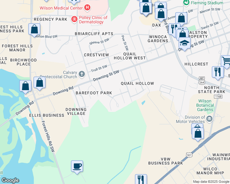 map of restaurants, bars, coffee shops, grocery stores, and more near 2114 Smallwood Street Southwest in Wilson