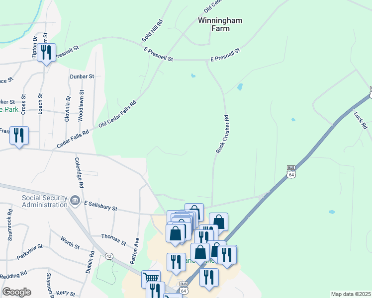 map of restaurants, bars, coffee shops, grocery stores, and more near 450 Mountain Top Drive in Asheboro