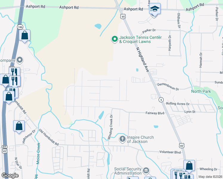 map of restaurants, bars, coffee shops, grocery stores, and more near 32 Wind Tree Cove in Jackson