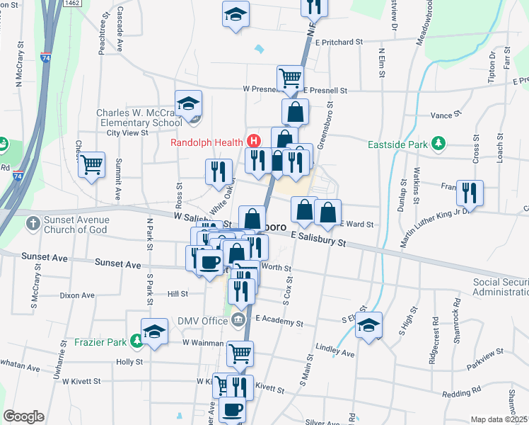 map of restaurants, bars, coffee shops, grocery stores, and more near in Asheboro