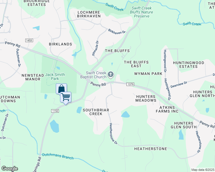 map of restaurants, bars, coffee shops, grocery stores, and more near 2501 Pennyshire Lane in Raleigh