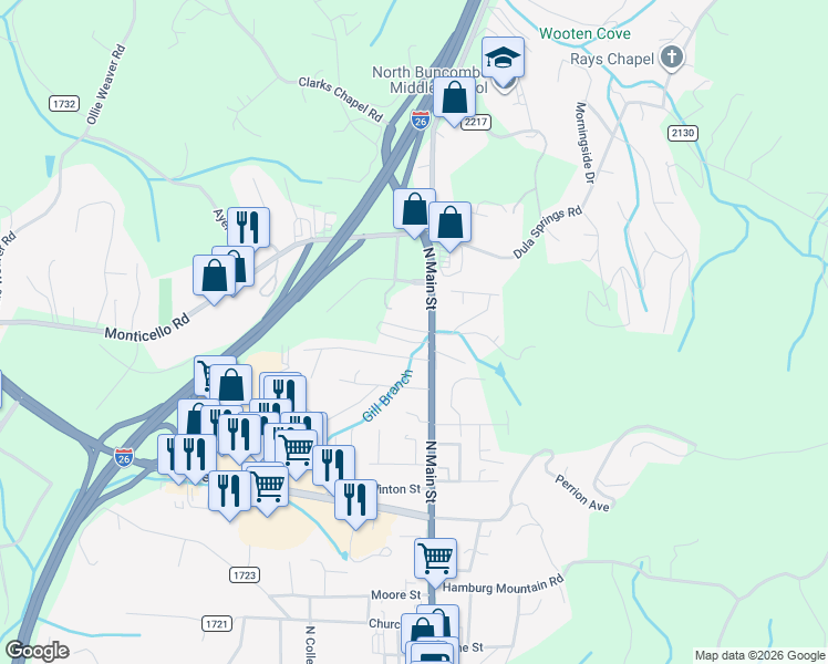 map of restaurants, bars, coffee shops, grocery stores, and more near 3 Monticello Commons Drive in Weaverville