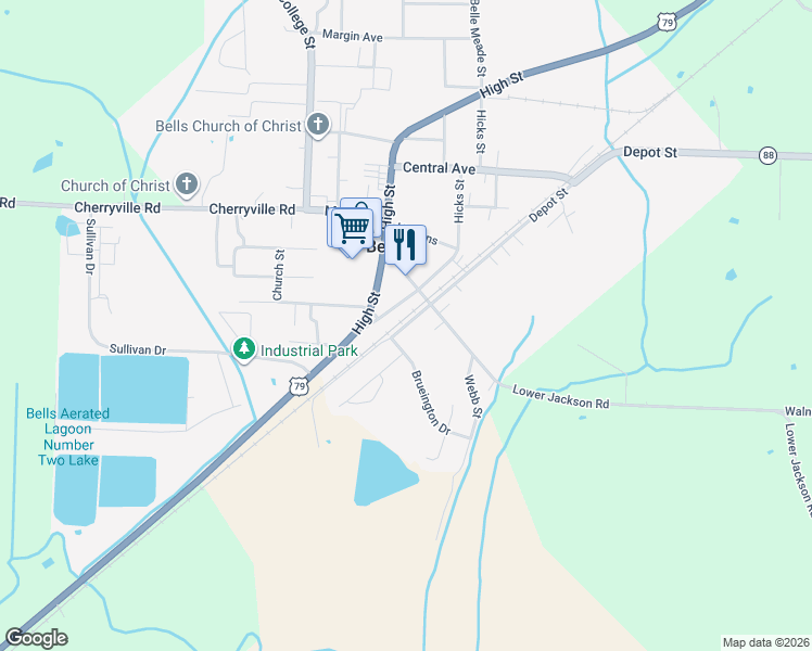 map of restaurants, bars, coffee shops, grocery stores, and more near 181 Depot St in Bells