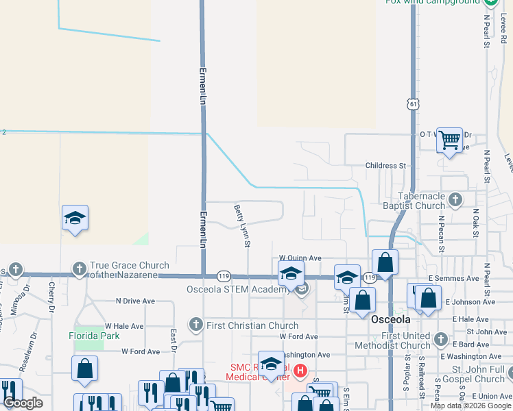 map of restaurants, bars, coffee shops, grocery stores, and more near 105 North Gary Lynn Drive in Osceola