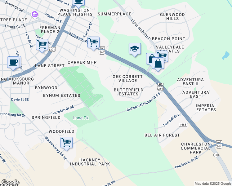 map of restaurants, bars, coffee shops, grocery stores, and more near 1844 Butterfield Lane Southeast in Wilson