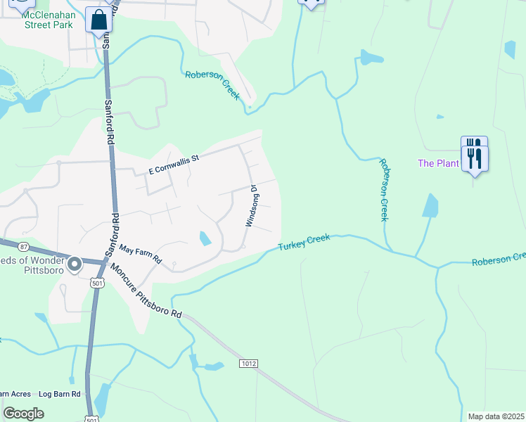 map of restaurants, bars, coffee shops, grocery stores, and more near 24 Breezewood Court in Pittsboro