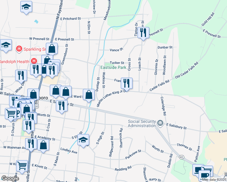 map of restaurants, bars, coffee shops, grocery stores, and more near 705 Martin Luther King Junior Drive in Asheboro