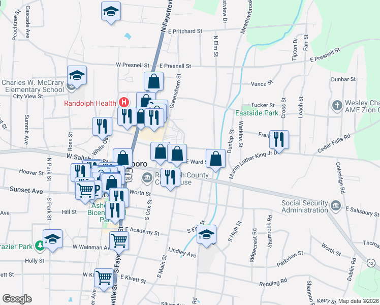map of restaurants, bars, coffee shops, grocery stores, and more near 303 Brookside Drive in Asheboro