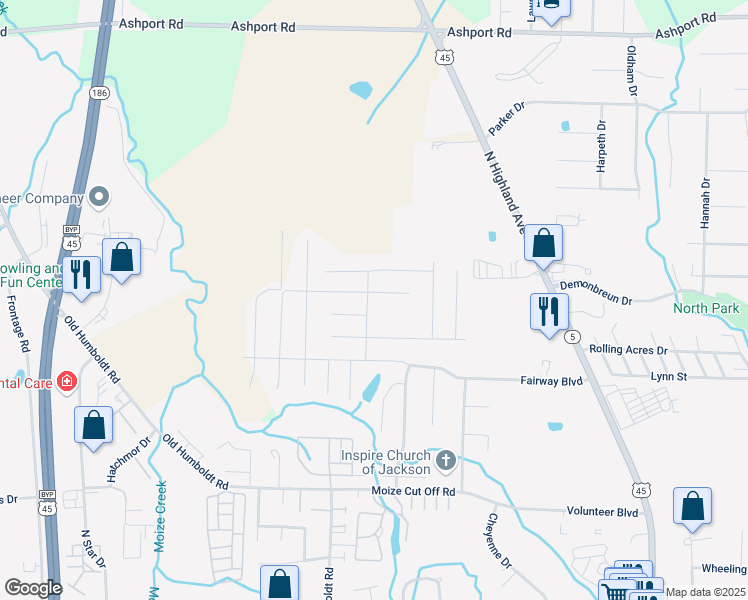 map of restaurants, bars, coffee shops, grocery stores, and more near 5 Fall Creek Drive in Jackson