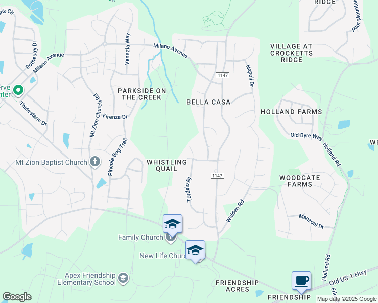 map of restaurants, bars, coffee shops, grocery stores, and more near 2024 Tordelo Place in Apex