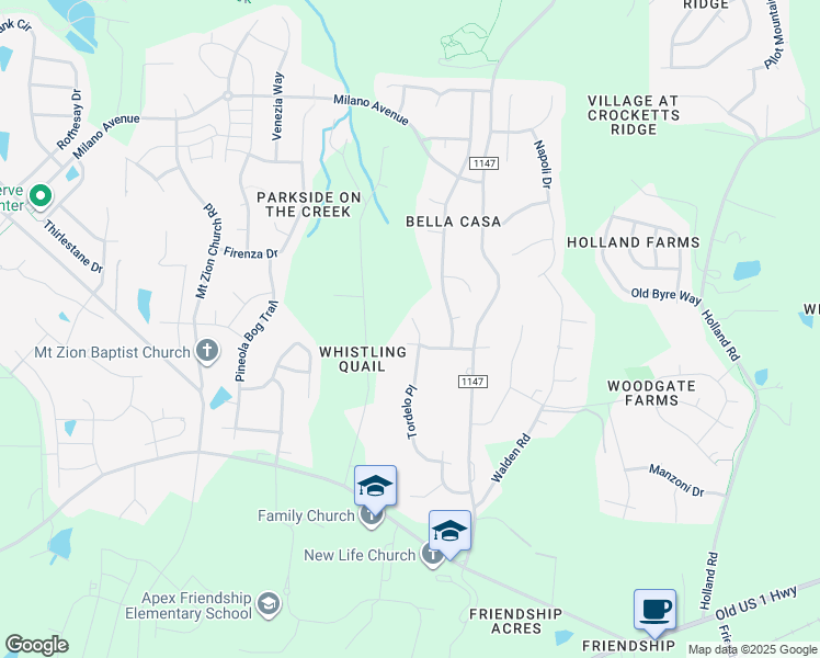map of restaurants, bars, coffee shops, grocery stores, and more near 2024 Tordelo Place in Apex