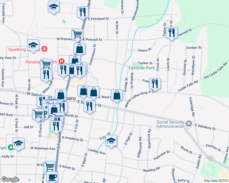 map of restaurants, bars, coffee shops, grocery stores, and more near 354 Brookside Drive in Asheboro