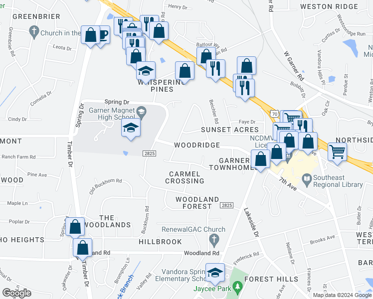 map of restaurants, bars, coffee shops, grocery stores, and more near 513 Forest Ridge Road in Garner