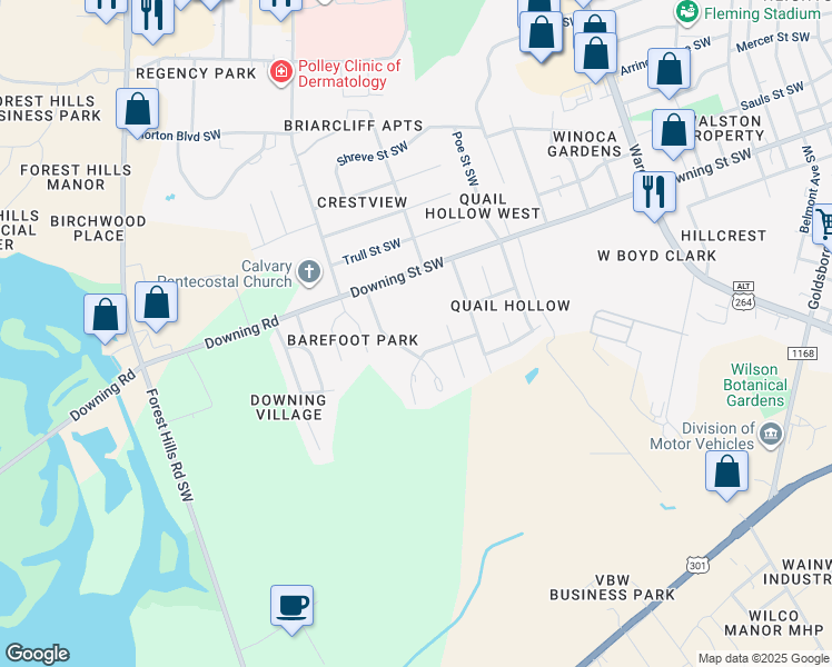 map of restaurants, bars, coffee shops, grocery stores, and more near 2124 Smallwood Street Southwest in Wilson
