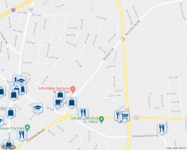 map of restaurants, bars, coffee shops, grocery stores, and more near 430 Rock Barn Road Northeast in Conover
