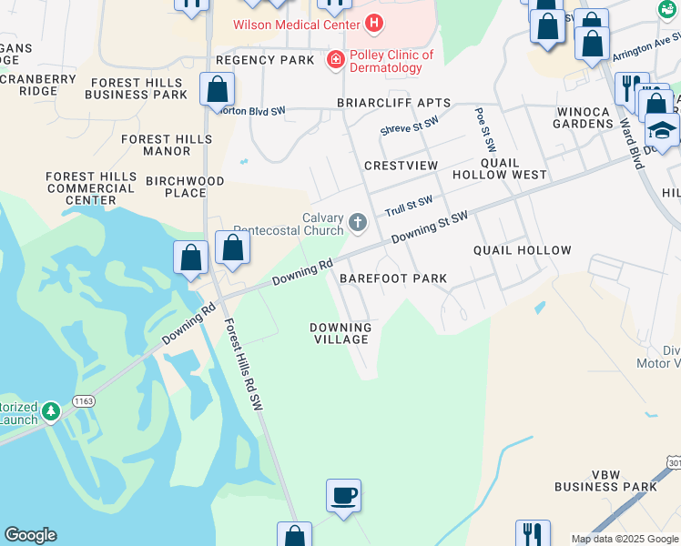 map of restaurants, bars, coffee shops, grocery stores, and more near 2404 Koval Court Southwest in Wilson