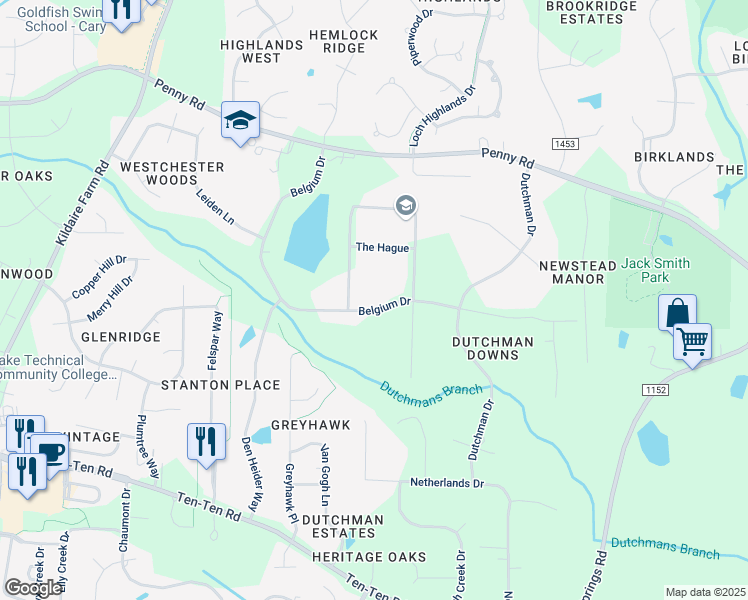 map of restaurants, bars, coffee shops, grocery stores, and more near 8108 Belgium Drive in Raleigh