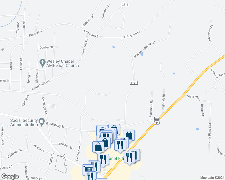 map of restaurants, bars, coffee shops, grocery stores, and more near 450 Mountain Top Drive in Asheboro
