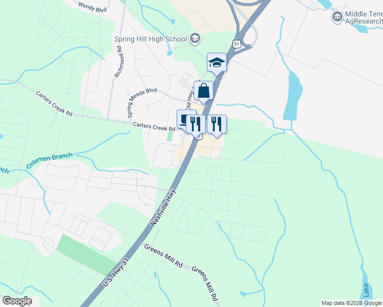 map of restaurants, bars, coffee shops, grocery stores, and more near 2532 Nashville Highway in Columbia