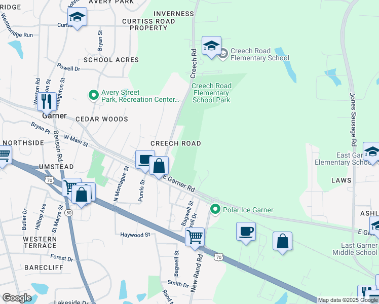 map of restaurants, bars, coffee shops, grocery stores, and more near 221 East Garner Road in Garner