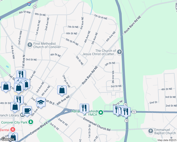 map of restaurants, bars, coffee shops, grocery stores, and more near 423 Rock Barn Road Northeast in Conover