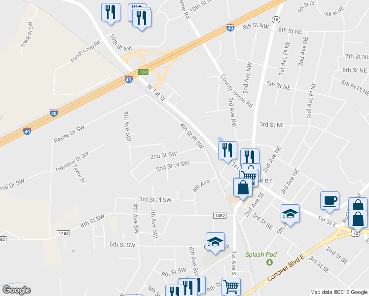 map of restaurants, bars, coffee shops, grocery stores, and more near 531 2nd Street Southwest in Conover