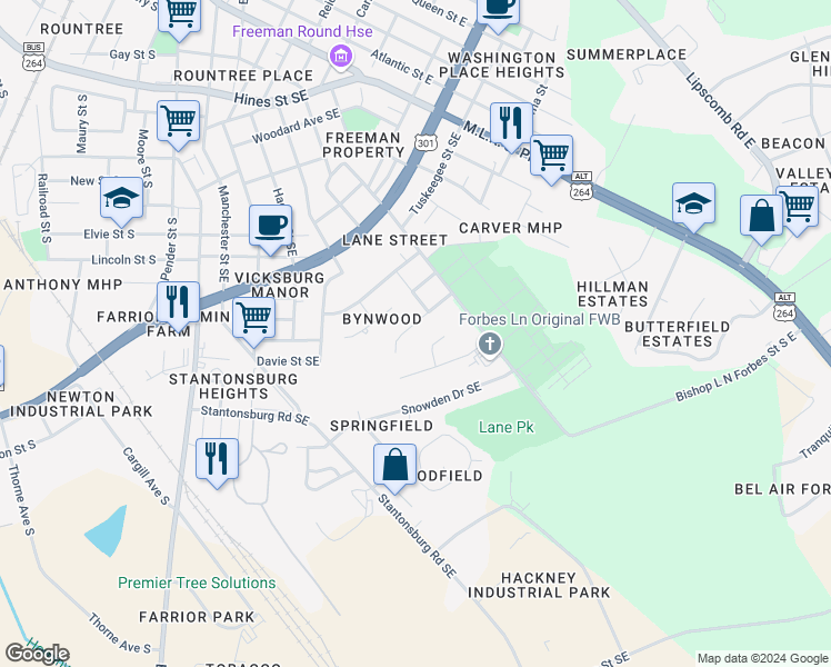 map of restaurants, bars, coffee shops, grocery stores, and more near 1707 Orange Street Southeast in Wilson