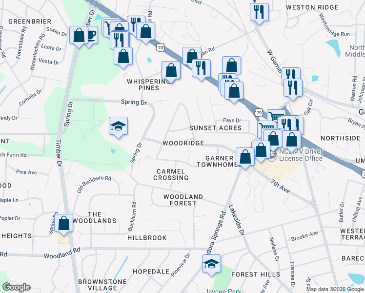 map of restaurants, bars, coffee shops, grocery stores, and more near 501 Forest Ridge Road in Garner