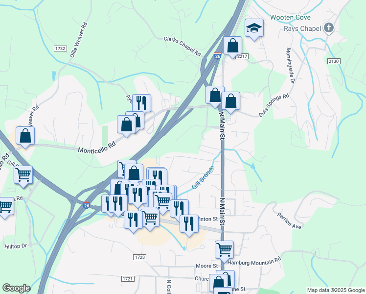 map of restaurants, bars, coffee shops, grocery stores, and more near 56T Monticello Road in Weaverville