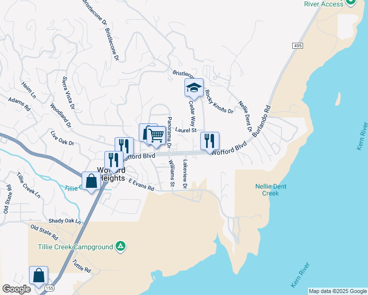 map of restaurants, bars, coffee shops, grocery stores, and more near 6937 Wofford Boulevard in Wofford Heights