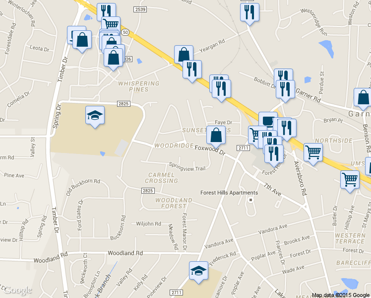 map of restaurants, bars, coffee shops, grocery stores, and more near 1511 Foxwood Drive in Garner
