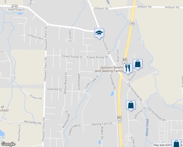 map of restaurants, bars, coffee shops, grocery stores, and more near 64 Birdsong Cove in Jackson