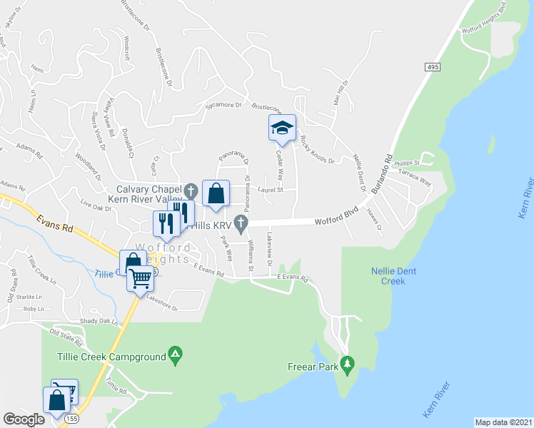 map of restaurants, bars, coffee shops, grocery stores, and more near 707 Panorama Drive in Wofford Heights