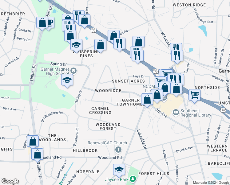 map of restaurants, bars, coffee shops, grocery stores, and more near 1511 Foxwood Drive in Garner