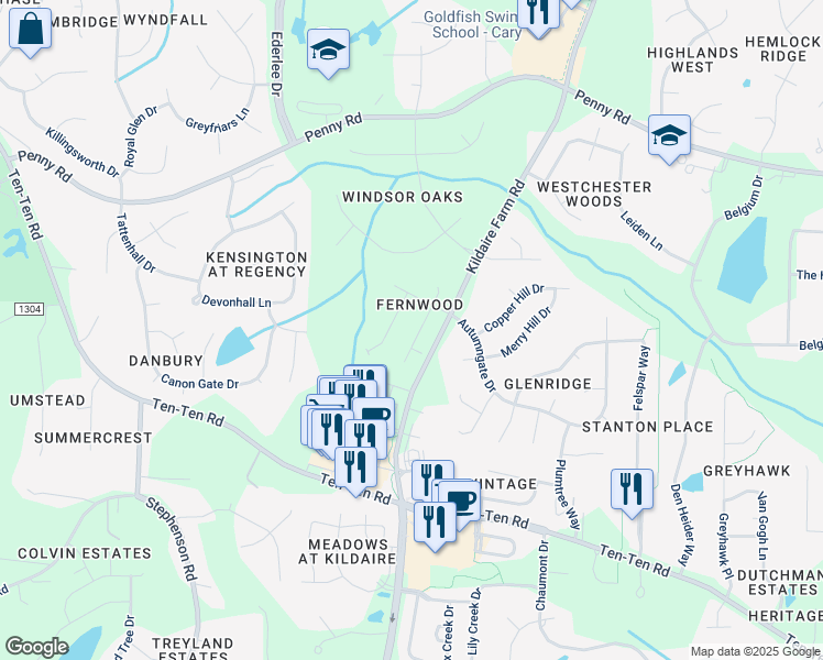 map of restaurants, bars, coffee shops, grocery stores, and more near 106 Forest Edge Drive in Cary