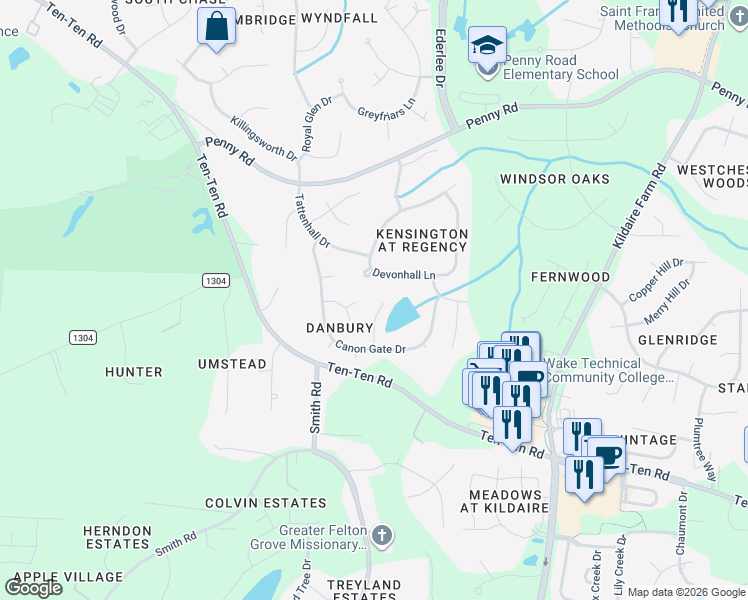 map of restaurants, bars, coffee shops, grocery stores, and more near 105 Lantern Green Court in Cary