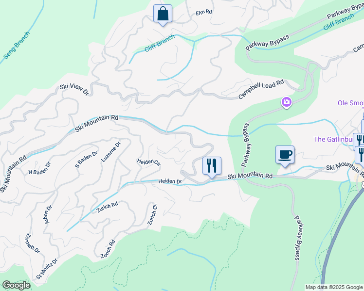 map of restaurants, bars, coffee shops, grocery stores, and more near 1411 Goldengate Way in Gatlinburg