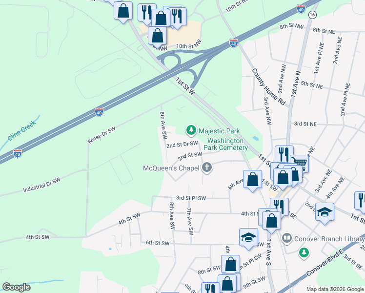 map of restaurants, bars, coffee shops, grocery stores, and more near 645 2nd Street Drive Southwest in Conover