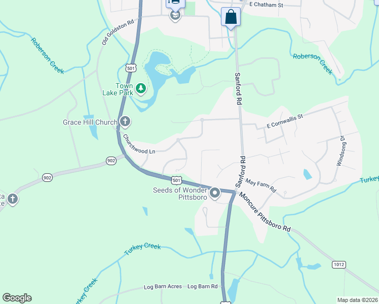 map of restaurants, bars, coffee shops, grocery stores, and more near 117 Silverstone Drive in Pittsboro