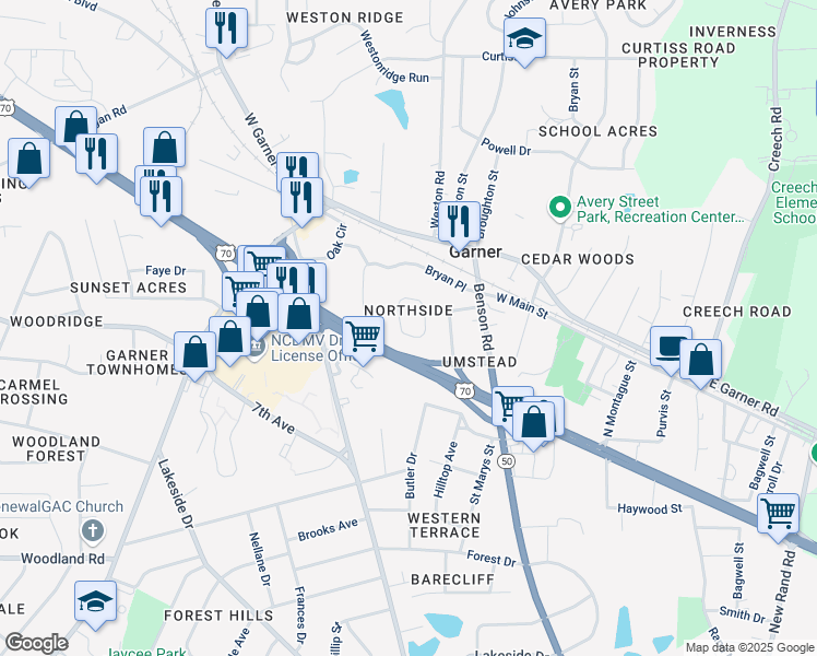 map of restaurants, bars, coffee shops, grocery stores, and more near 243 Dullis Circle in Garner