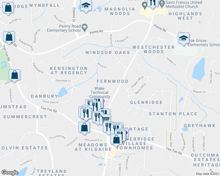 map of restaurants, bars, coffee shops, grocery stores, and more near 106 Forest Edge Drive in Cary
