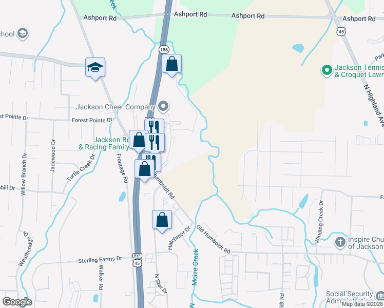 map of restaurants, bars, coffee shops, grocery stores, and more near 50 Bowling Drive in Jackson