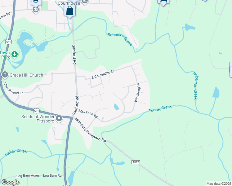 map of restaurants, bars, coffee shops, grocery stores, and more near 514 May Farm Road in Pittsboro