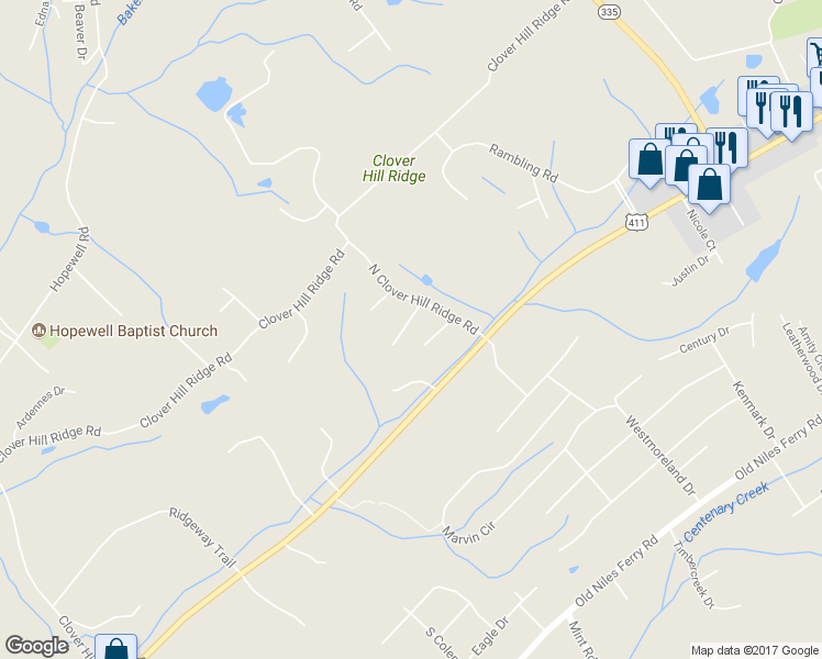 map of restaurants, bars, coffee shops, grocery stores, and more near 127 North Clover Hill Ridge Road in Maryville