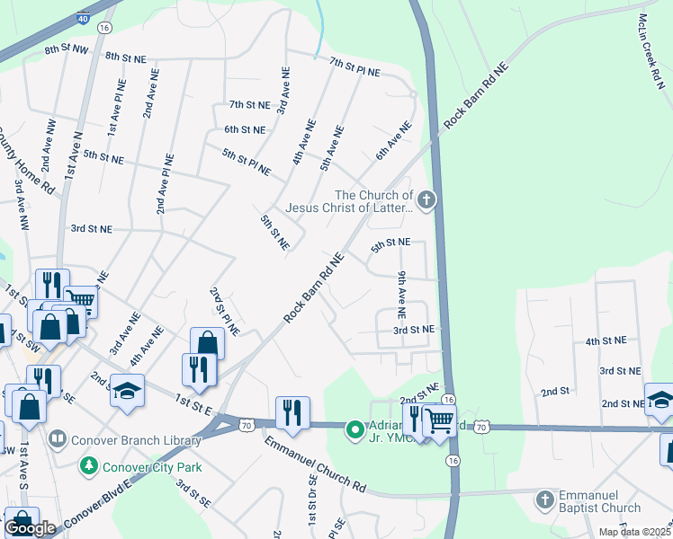 map of restaurants, bars, coffee shops, grocery stores, and more near 430 Rock Barn Road Northeast in Conover