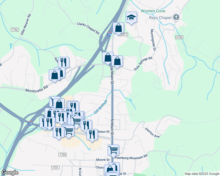 map of restaurants, bars, coffee shops, grocery stores, and more near 2 Monticello Village Drive in Weaverville