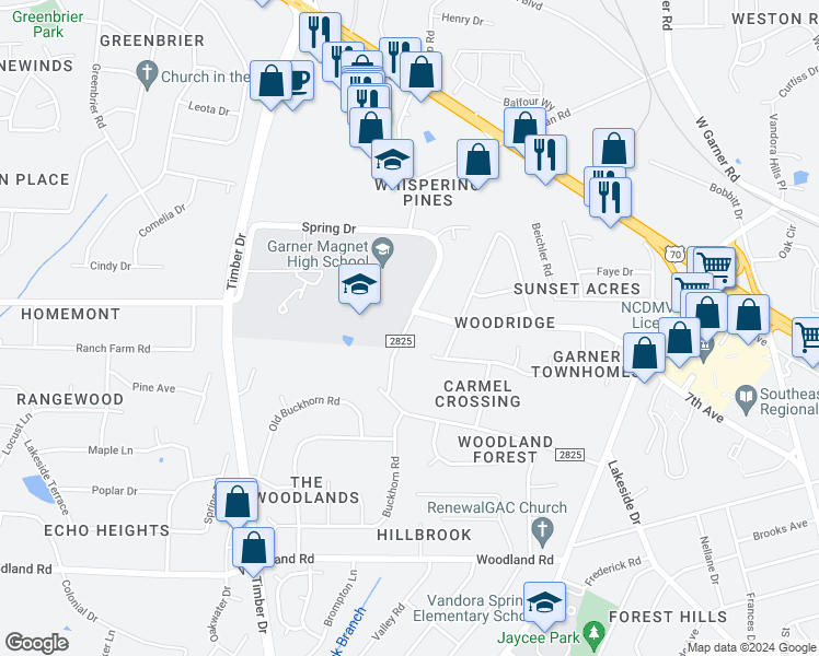 map of restaurants, bars, coffee shops, grocery stores, and more near 1880 Spring Drive in Garner