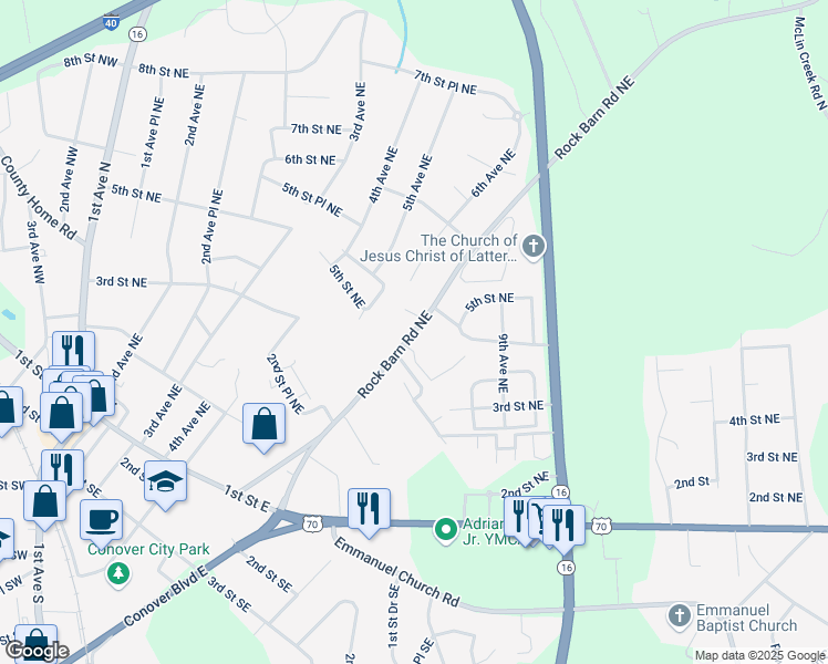 map of restaurants, bars, coffee shops, grocery stores, and more near 463 Rock Barn Road Northeast in Conover