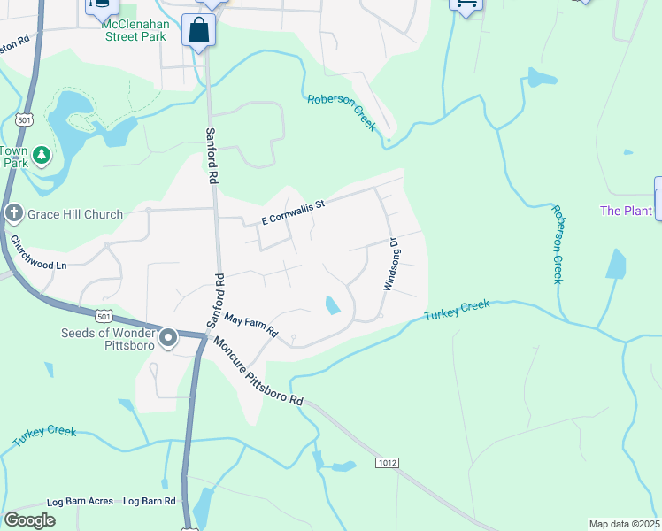 map of restaurants, bars, coffee shops, grocery stores, and more near 514 May Farm Road in Pittsboro