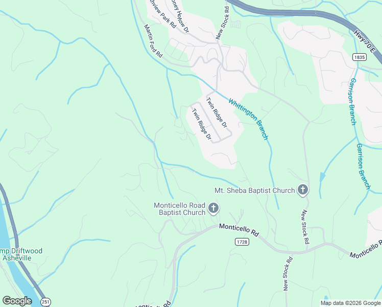 map of restaurants, bars, coffee shops, grocery stores, and more near 57 Twin Ridge Drive in Weaverville